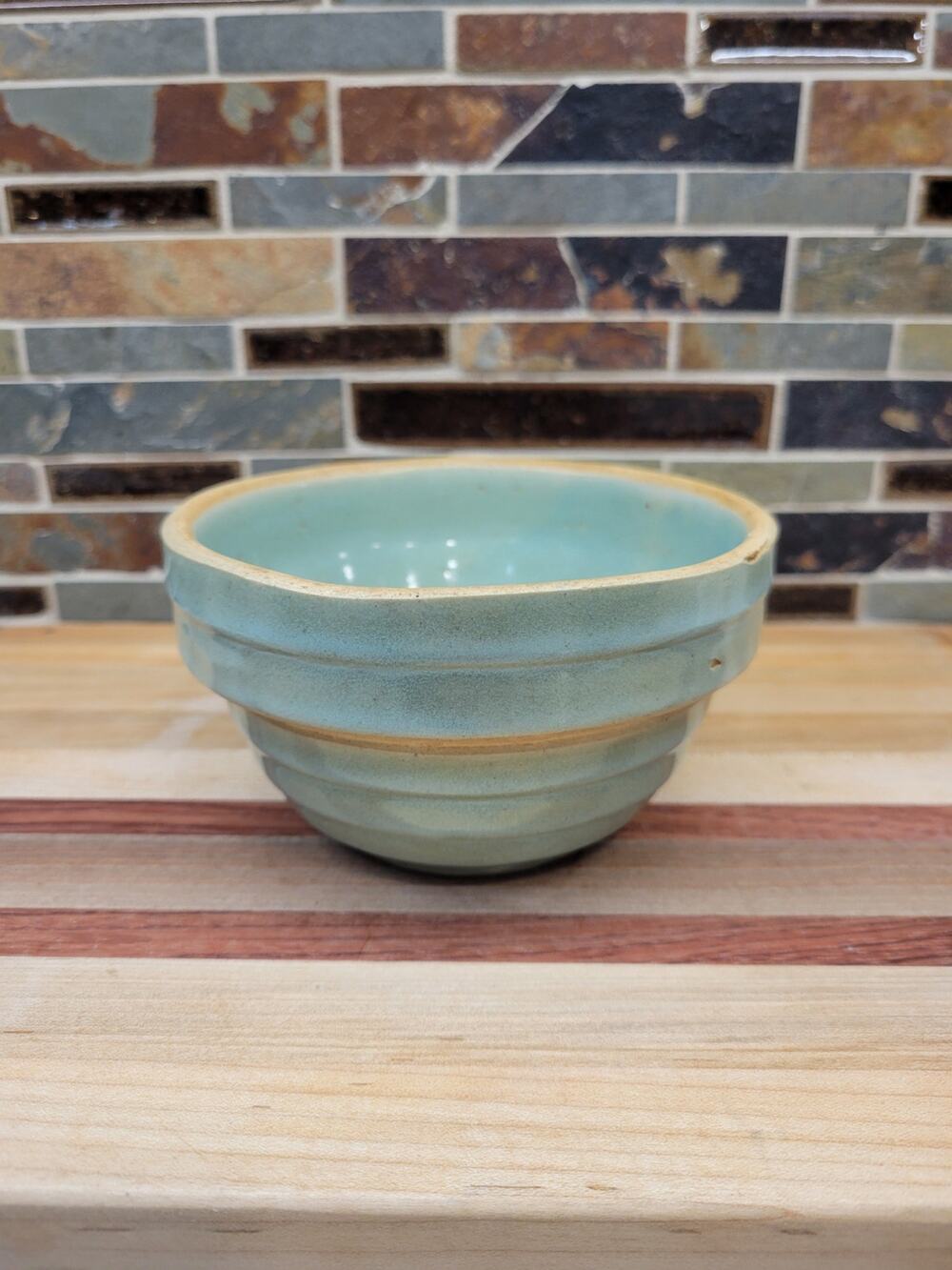 Vintage Green Stoneware 5" Mixing Bowl Farmhouse Kitchen Pottery
